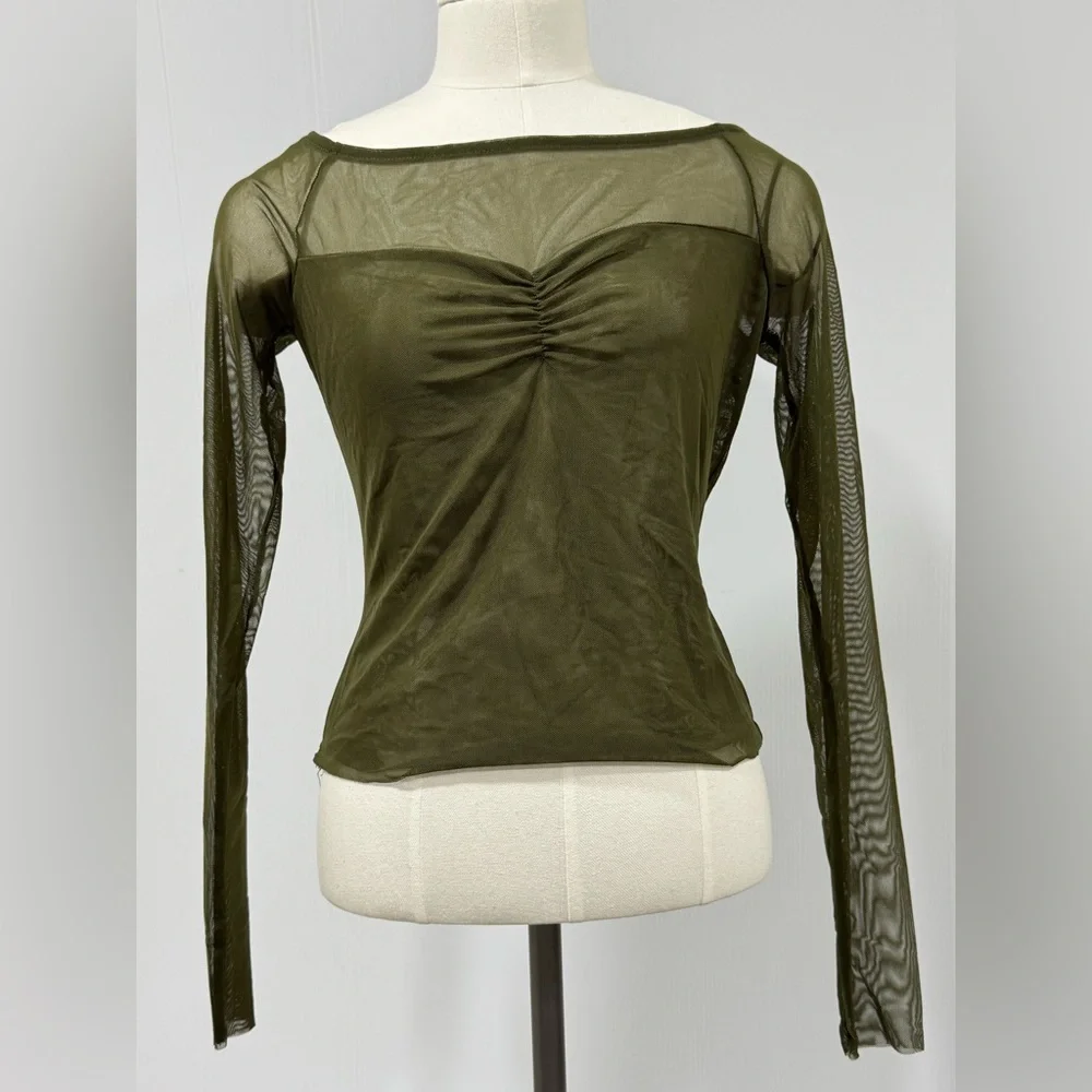 Urban Outfitters Olive Mesh Long Sleeve Blouse NWOT Sz M - Picture 2 of 14